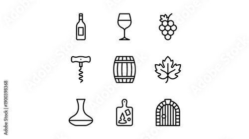 Minimalist Wine Icon Set: Wine Bottle, Glass, Grapes, Corkscrew, Barrel, Leaf, Decanter, Cheese Board, and Cellar Door. Elegant Black and White Line Art Vector Illustrations for Branding and Web.