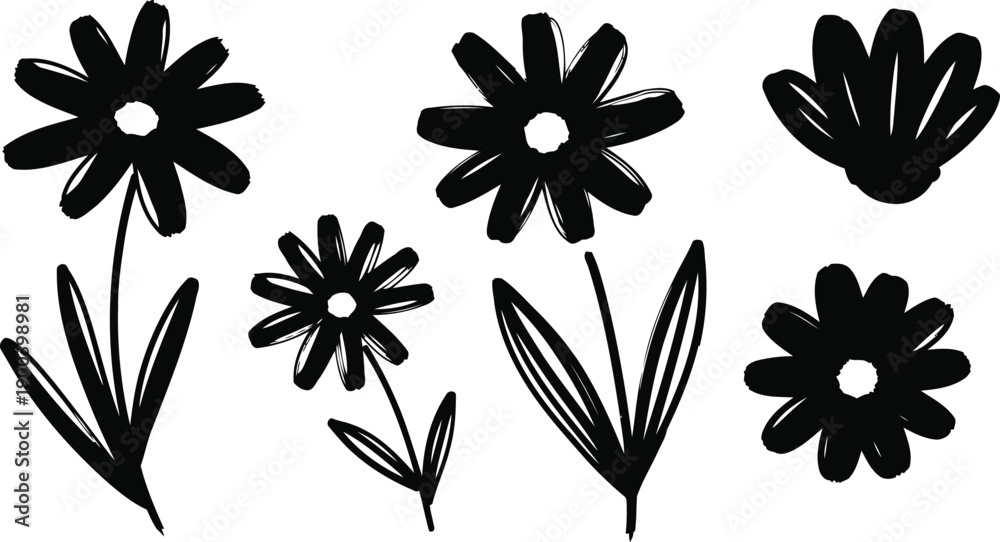 Obraz premium black and white illustration of flowers and leaves on white background