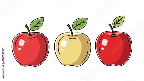 Illustration of three fresh, vibrant apples, two red and one yellow-green, each with a stem and a green leaf, symbolizing healthy eating and natural produce.