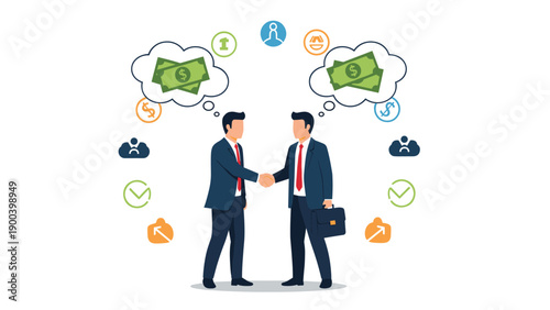 Two businessmen in suits shaking hands, with thought bubbles showing money and business icons, symbolizing a successful financial agreement, partnership, and mutual benefits in a deal.