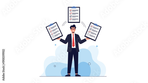 Energetic businessman skillfully juggling three clipboards filled with checklists, representing efficient multitasking, task management, productivity, and organization in business operations.