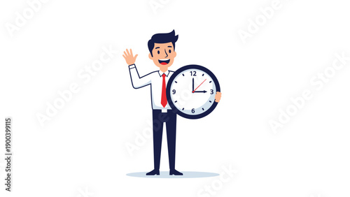 Cheerful businessman in a white shirt and red tie, happily waving with one hand and holding a small clock in the other, symbolizing punctuality, greeting, and efficient time awareness.