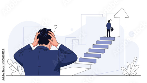 Distressed businessman at the bottom of a long staircase, looking up at a distant successful colleague, symbolizing career struggle, competition, and feeling left behind in corporate advancement.