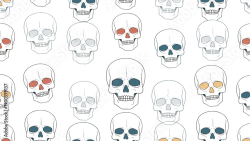 Seamless repeating pattern of human skulls with subtly colored eye sockets in shades of blue, orange, and yellow, creating a stylish and modern macabre design.