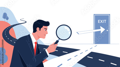 Businessman using a magnifying glass to examine a branching road leading to an exit door, symbolizing career path decisions, strategic planning, exit strategy, and seeking a way out.