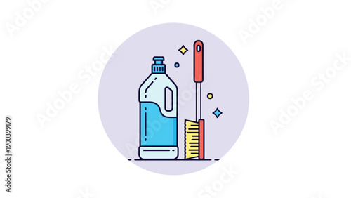 Outline illustration of a blue cleaning liquid bottle and a long-handled red brush, encircled within a light purple background, representing hygiene, sanitation, and household cleaning products.