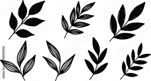 black and white illustration of various leaf branches on white background