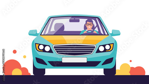 Cheerful woman in glasses driving a modern turquoise and yellow car, seen from the front view, conveying concepts of travel, commuting, personal transport, and independent mobility.