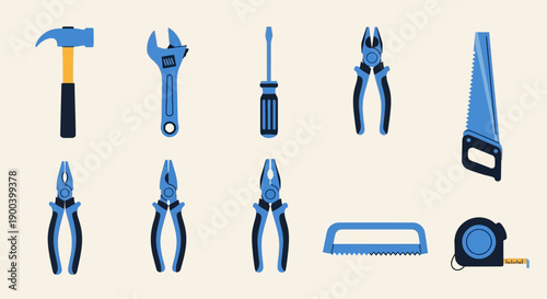 Modern Flat Design Hand Tools Collection: Hammer, Wrench, Saw, Screwdriver, and Pliers Set for DIY and Construction.