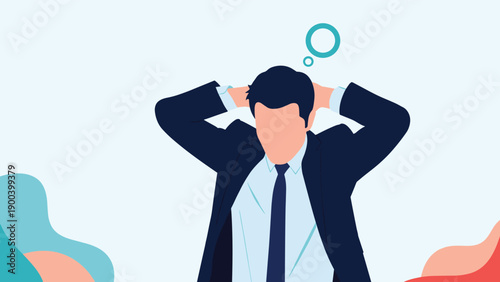Distressed businessman with hands clasped behind his head and a blank thought bubble above, symbolizing stress, confusion, burnout, and seeking solutions for complex business problems.