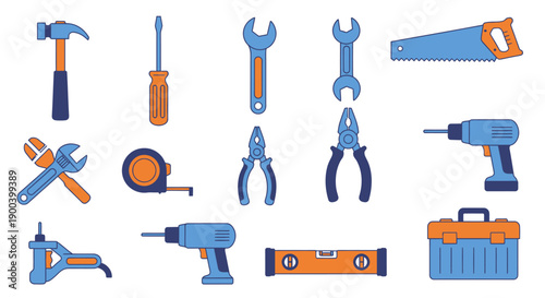 Flat vector construction and repair tools icon set isolated on white. DIY equipment collection including hammer, wrench, screwdriver, drill, and toolbox.