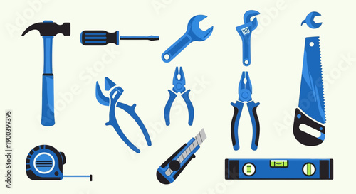 Flat Vector Handyman Tools Collection: Hammer, Wrench, Saw, Pliers, Screwdriver, Tape Measure, Level. DIY Home Repair and Construction Equipment Set.