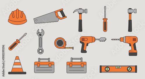 Flat Vector Set of Construction and DIY Repair Tools: Hammer, Drill, Saw, Wrench, Helmet, Toolbox, and Measuring Tape.