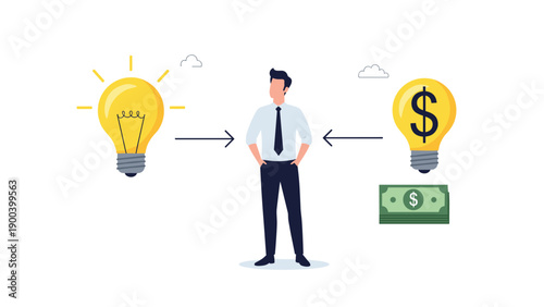 Thoughtful businessman standing between a glowing idea lightbulb and a money-filled lightbulb, illustrating the transformation of creative concepts into profitable financial ventures and investment.