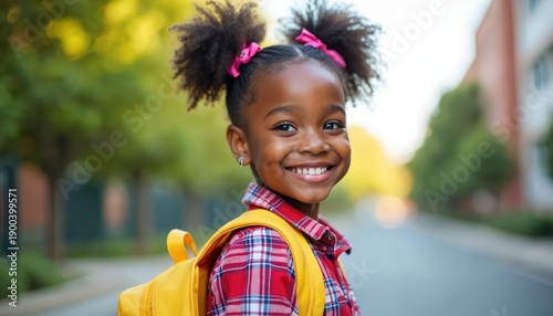 Smiling Black girl with yellow backpack ready for school. She has curly hair in pigtails and wears a red plaid shirt. Happy child walks outside near school building.