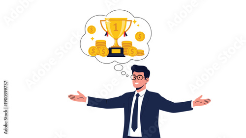 Businessman with arms open wide, pondering a thought bubble filled with a golden trophy and stacks of coins, symbolizing ambitious goals for financial success, wealth, and achievement.
