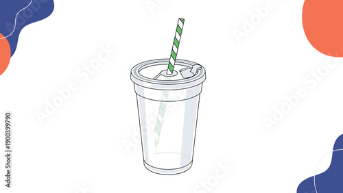 Simple outline illustration of an empty transparent plastic cup with a green and white striped straw, suitable for beverage concepts, eco-friendly themes, or drinkware designs.