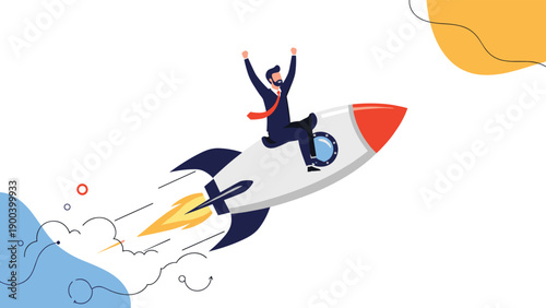 Enthusiastic businessman triumphantly riding a fast-flying rocket with arms raised, symbolizing rapid business growth, successful startup, innovation, and accelerated career progression.