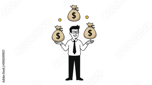Energetic businessman skillfully juggling three money bags filled with dollar signs, symbolizing effective financial management, diverse investments, and maintaining multiple income streams.