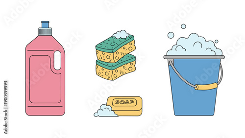 Illustration of essential household cleaning supplies including detergent, sponges, soap, and a foamy bucket, ready for tidying up.