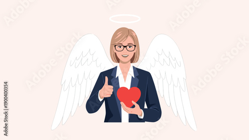Smiling businesswoman with angel wings and a halo holds a red heart and gives a thumbs-up, symbolizing kindness, empathy, charity, and ethical business.