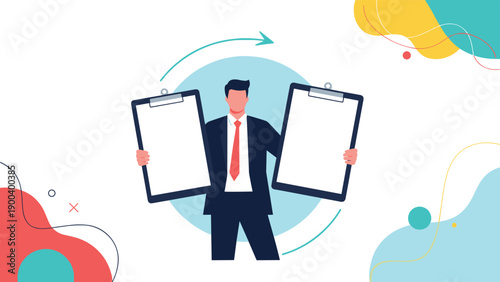 Businessman holds two blank clipboards with circular arrows, symbolizing comparison, choice, alternatives, or process flow in a business context.