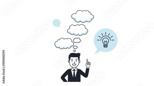 Smiling businessman with thought bubbles above his head, one featuring a glowing lightbulb, illustrating contemplation, new ideas, and problem-solving.