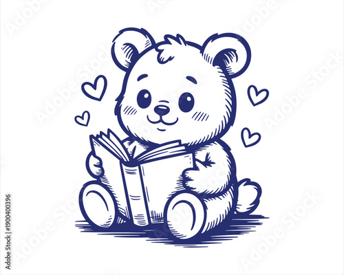 Cute Teddy Bear Reading Book Illustration in Whimsical Hand Drawn Line Art Style