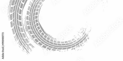 Tire track. Car, bike, motorcycle tyre mark with grunge effect isolated on white background. Wheel footprint on the road. Top view of rubber protector mark