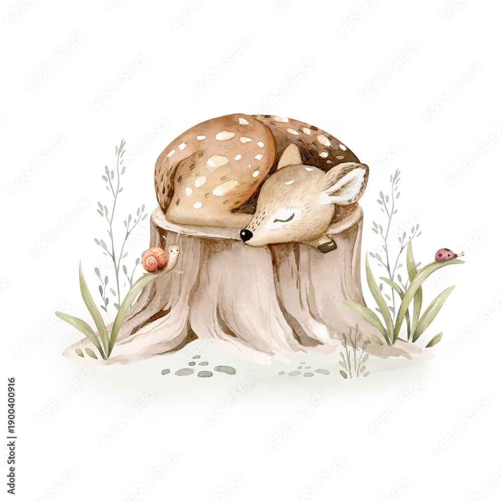 Fototapeta premium Watercolor cute sleeping baby fawn animal. Woodland nursery deer isolated illustration for children. watercolour forest drawing, floral image. Perfect for kids posters, patterns