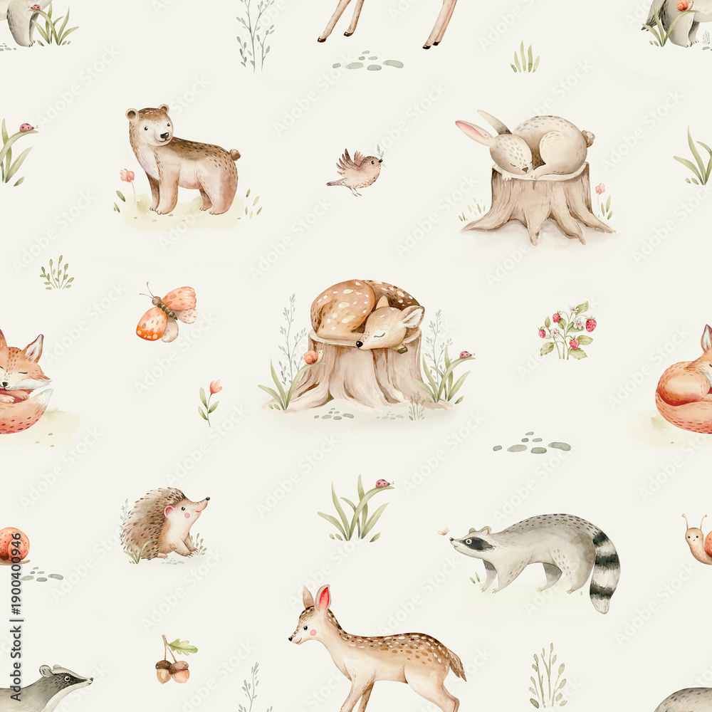 Fototapeta premium Watercolor seamless pattern of cute baby fox, deer animal woodland nursery rabbit and bear fawn illustration for children. watercolour bunny and bear forest drawing, hedgehog and owl image. Raccoon 