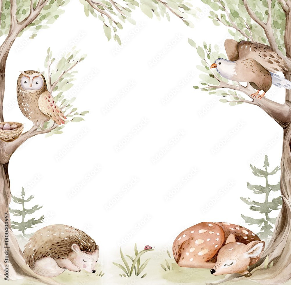 Obraz premium Watercolor background. Cute baby deer and hedgehog animal woodland nursery rabbit and bear isolated fawn illustration for children. watercolour bunny and raccoon forest drawing, hedgehog and owl image