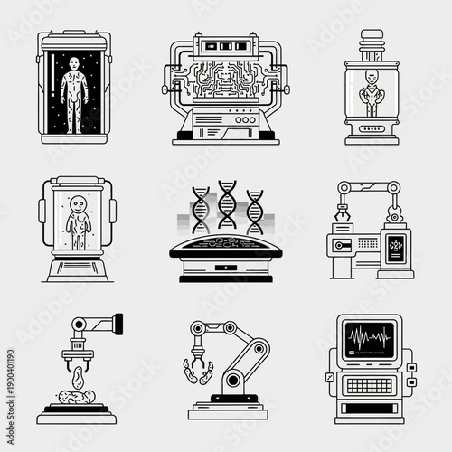 Futuristic technology concept showcasing genetic engineering, robotics, and bioengineering in a sleek, modern design, perfect for science and technology illustrations