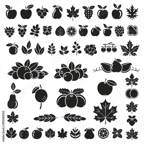 Fruits, Berries, and Leaves Silhouette Icons