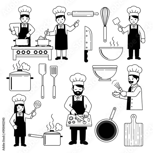 Chefs cooking with various kitchen utensils and tools