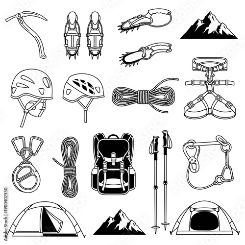 Mountaineering and Climbing Equipment Icons Set