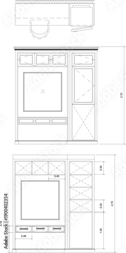 Luxury Modern Bedroom Interior Design Drawing with Built-in Wardrobe, Dressing Table, and Storage Cabinet
