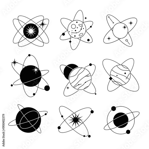 Set of modern atomic structures with planets and stars