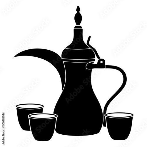 Dallah Coffee Pot Silhouette - Traditional Arabic Coffee and Finjan Cups Vector