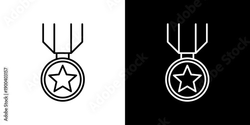 Outline style medal icon featuring a star on a ribbon, presented in a black and white minimalist design concept suitable for UI and graphic elements