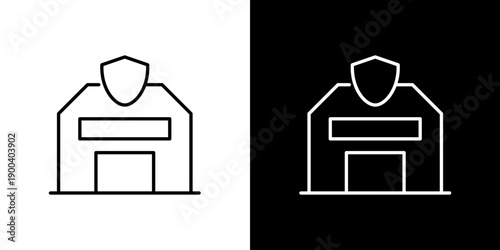 Security building icon with shield, protection and safety symbol for business and industrial use
