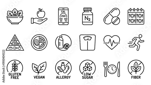 Set of 18 Nutrition and Diet Line Icons Featuring Healthy Eating, Calorie Counting, Vitamins, Supplements, Meal Planning, Food Pyramid, Weight Loss, Fitness, Gluten-Free, Vegan, and Allergy Signs