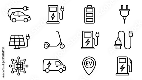 Set of 12 minimalist electric vehicle and charging station line icons featuring EV cars, vans, scooters, solar panels, batteries, and power plugs for sustainable transportation and green energy.