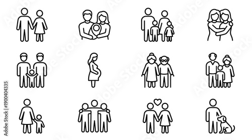 Set of 12 minimalist family and relationship line icons featuring diverse structures including couples, parents with children, pregnancy, elderly people, single parents, friends, and pets.