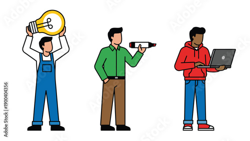 Diverse Men Icons: Idea, Service & Tech. Flat vector illustration of creativity, hospitality, and digital work concepts.