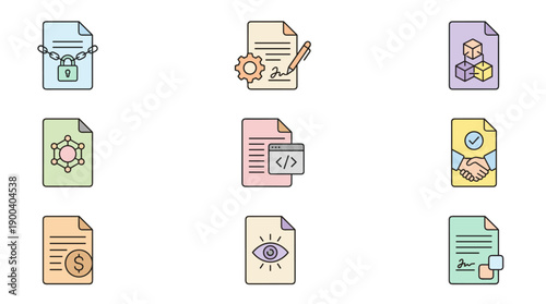 Blockchain and Smart Contract Icon Set Featuring Digital Document Security, Automated Agreements, Cryptocurrency Transactions, Decentralized Networks, and Verified Signatures in Flat Pastel Style
