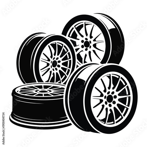 Set of car wheels vector illustration, black vector racing wheels with intricate spoke designs on a transparent background, automotive part with rims