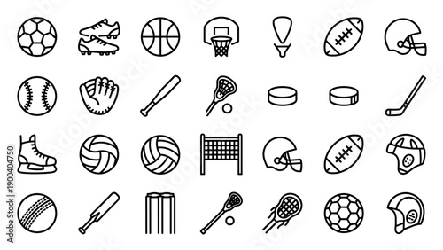 Minimalist vector line icon set of team sports equipment and gear including soccer, basketball, football, baseball, hockey, lacrosse, cricket, volleyball balls, helmets, bats, and nets.