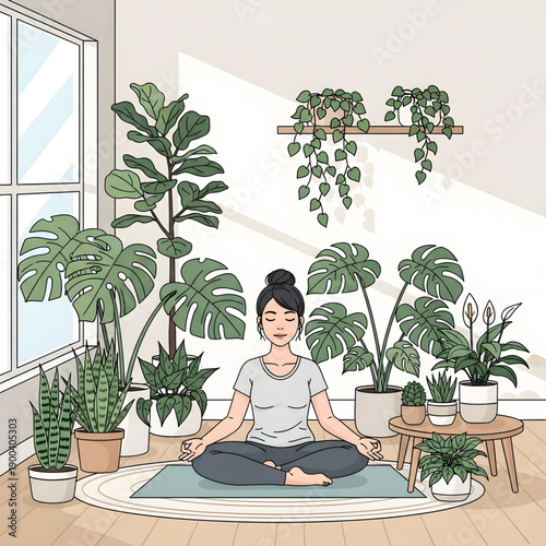 Young Woman Practicing Yoga and Meditation in Indoor Garden Room