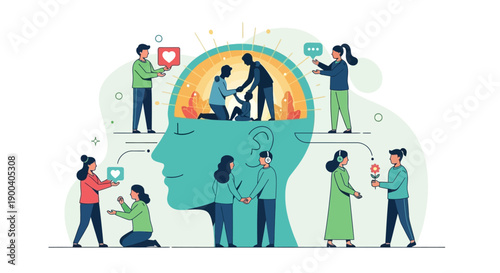 A happy cartoon crowd of business people and diverse family members forming a circle to show teamwork, connection, and social networking community togetherness in this vector illustration icon